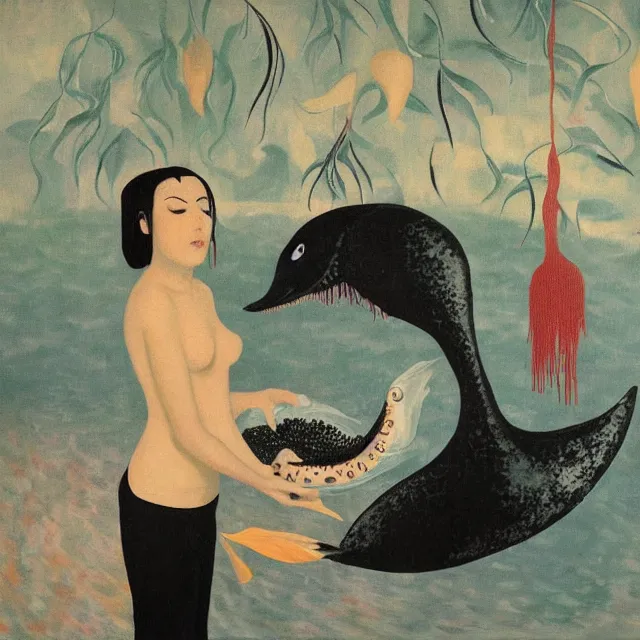 Prompt: tall emo female artist holding a large fish in her flooded kitchen, pomegranates, octopus, water gushing from ceiling, painting of flood waters inside an artist's apartment, a river flooding indoors, ikebana, zen, rapids, waterfall, black swans, canoe, berries, acrylic on canvas, surrealist, by magritte and monet