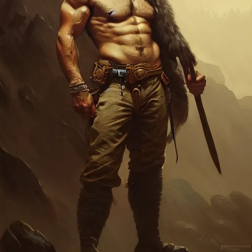 Image similar to portrait of a young rugged ranger, muscular, upper body, hairy torso, D&D, fantasy, intricate, cinematic lighting, highly detailed, digital painting, artstation, concept art, smooth, sharp focus, illustration, art by Artgerm and Greg Rutkowski and Alphonse Mucha