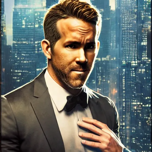 Image similar to ryan reynolds as spider - man, wearing a black and blue suit, cinematic, volumetric lighting, f 8 aperture, cinematic eastman 5 3 8 4 film, photorealistic by greg rutkowski, by stanley artgerm, by alphonse mucha