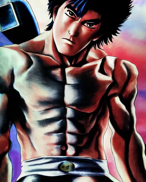 Prompt: Photograph of handsome muscular Japanese actor dressed as Kenshiro from fist of the North Star, photorealistic, photographed in the style of Annie Leibovitz