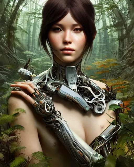 Image similar to beautiful digital painting of a stylish cyborg forest with high detail, real life skin, 8 k, stunning detail, works by artgerm, greg rutkowski and alphonse mucha, unreal engine 5, 4 k uhd