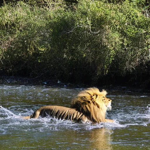 Prompt: a swimming male lion in a river