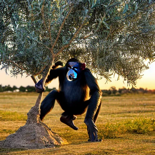 Image similar to a chimpanzee dressed in a chemical protection suit is injecting a olive tree with blue liquid, syringes, toxic, monkey face, scientific field trial, in puglia italy, sunset, beautiful lighting, chemical equipment, photograph, canon eos, f 8, iso 4 0 0, photography