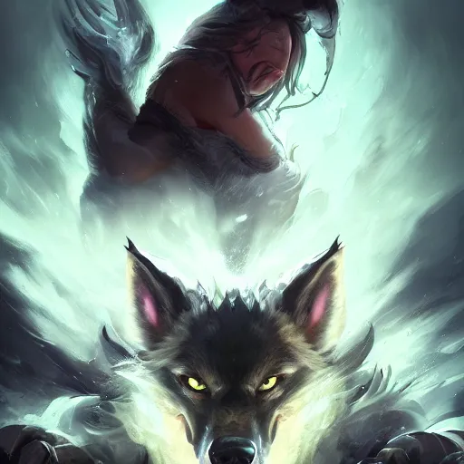 Image similar to portrait of werewolf of ashes and smoke, league of legends splash art, hearthstone splash art, full body shot, rule of thirds, ultrafine hyperrealistic detailed face, artgerm, greg rutkowski, trending on artstation, 8 k, intricately detailed, highly detailed