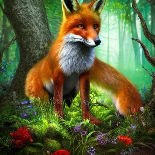 Prompt: Photorealistic fox queen of the enchanted forest. Hyperdetailed photorealism, 108 megapixels, amazing depth, glowing rich colors, powerful imagery, psychedelic Overtones, 3D finalrender, 3d shading, cinematic lighting, artstation concept art
