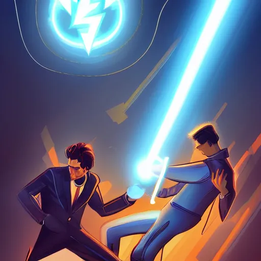 Image similar to Nikola Tesla with electric superpowers and Thomas Edison with light superpowers in an epic superhero battle, by MARVEL comics and Cyril Rolando and WLOP, trending on artstation