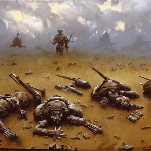 Prompt: oil painting of a ground covered in medieval silver soldier corpses, war, storm dawn, by Frank Frazetta, by Georgia O Keeffe