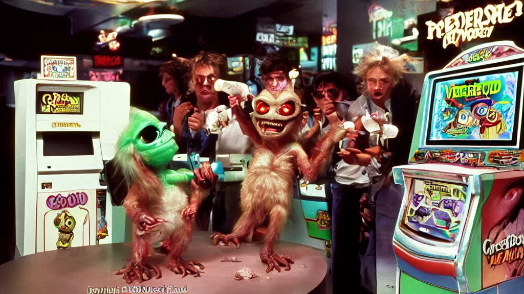Prompt: Hyperreal Gremlins disguised as casino arcade machines dispense experimental ice cream vaccine derived from predator, xenomorph and furby goosebumps goo in downtown silicon valley, film still from banned media Gremlins 3 New World Order, directed by REDACTED circa 1992 | text reads \'Gremlins 3 New World Order\' | Gremlins