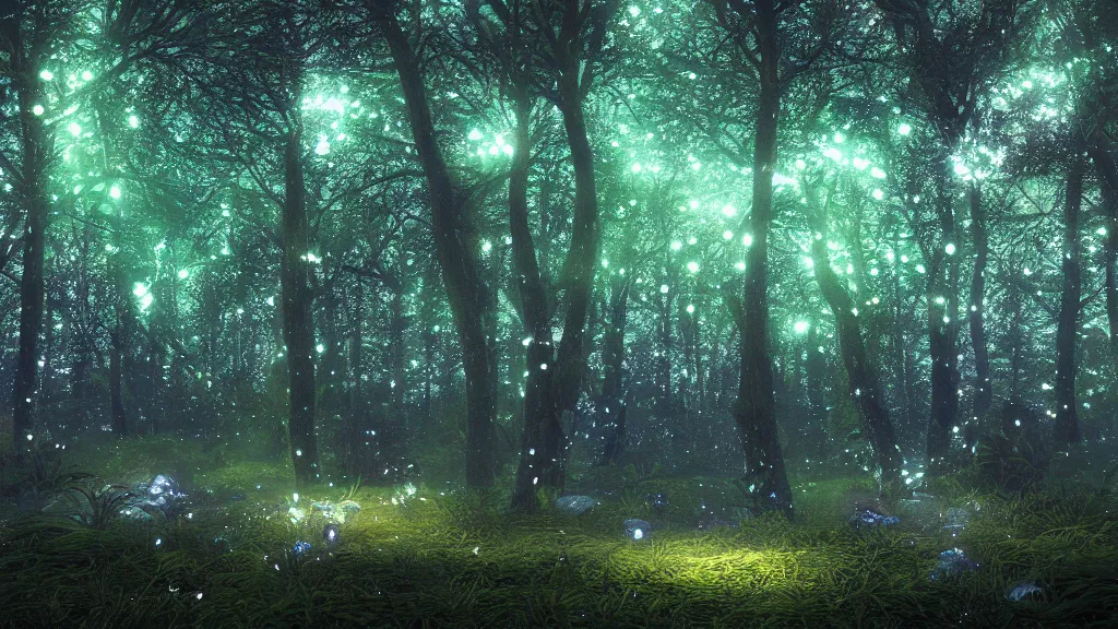 Image similar to beautiful lush ethereal magic mana ireland forest, night sky with dazzling stars, fairies, fireflies, bokeh, octane render, unreal engine, raytracing, crystallized, intricate, hyper detailed, light rays