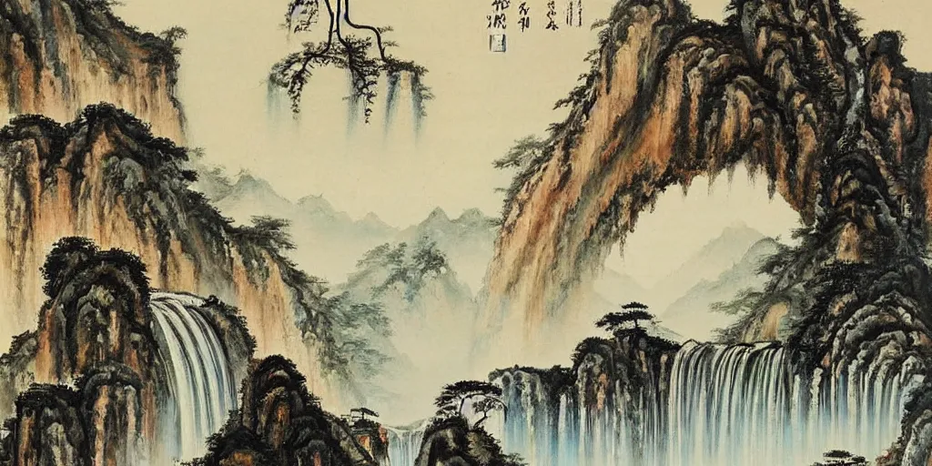 Image similar to “ large ancient gate in the middle of waterfall in chinese watercolor painting, oil painting, masterpiece, aesthetic ”