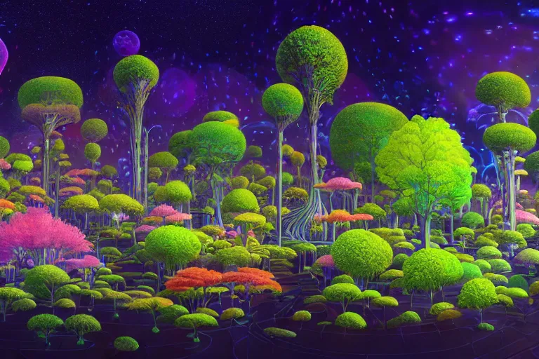 Image similar to a cosmic garden with glowing trees, flowers and plants by paolo eleuteri serpieri and tomer hanuka and chesley bonestell and daniel merriam and tomokazu matsuyama and makoto shinkai, clearly defined outlines, unreal engine, high resolution render, featured on artstation, octane, 8 k, highly intricate details, vivid colors