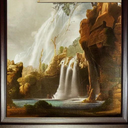 Prompt: A beautiful collage of a waterfalls going into a city. lithograph by Roberto Ferri, by Chip Zdarsky decorative