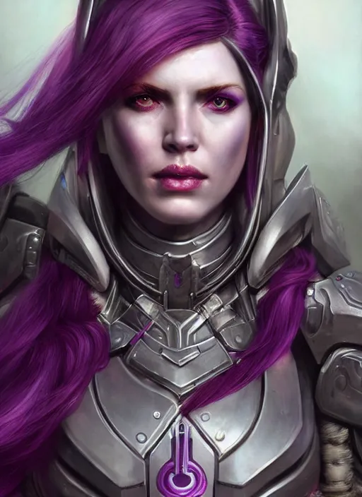 Image similar to a hyper detailed face portrait of a pale woman with purple hair in sci - fi cybernetic armor, sylvanas windrunner, sideshow figurines, by tom bagshaw, artgerm, dorian cleavenger, greg rutkowski, wlop, astri lohne, zdzisław beksinski trending on artstation