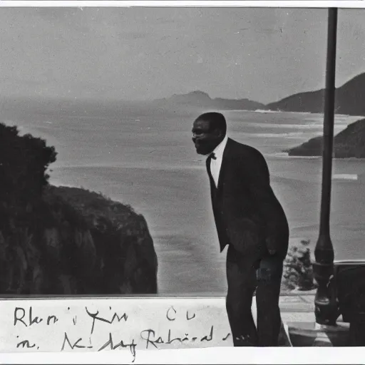 Prompt: vintage photo of a black man wearing a black suit in front of rio de janeiro