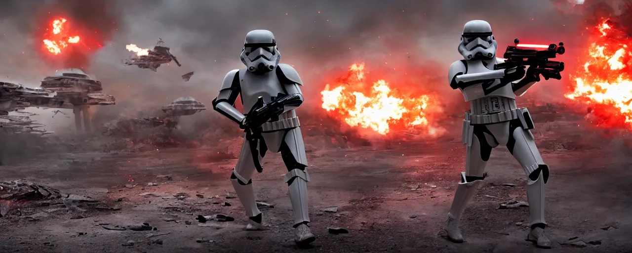 Prompt: a star war stormtrooper running toward the camera with a rifle with a massive fiery explosion behind him with debris and damaged AT-AT walkers and buildings everywhere , cinematic framing, cinematic lighting, hdr, gritty, movie still, 4k, in the style of the movie the empire strikes back