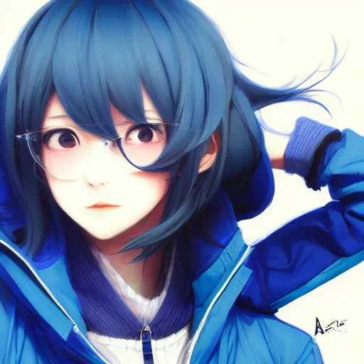 Image similar to ene from mekakucity actors, wearing blue jacket, cool color palette, digital art by aramaki shinji, by artgerm, by cushart krenz, by wlop, colorful, insanely detailed and intricate, hypermaximalist, elegant, ornate, hyper realistic, super detailed