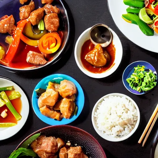 Image similar to anonymous man eats meal at home of thai sweet and sour pork stirfry