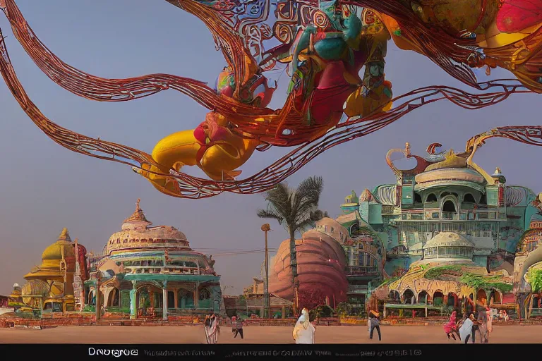 Image similar to gorgeous dreamscape! biomorphic new delhi, hanuman!! head building, kalighat, octane highly detailed cinematic, stephen shore & john j. park, soft morning light, wide shot, high angle, uhd 8 k, deep focus