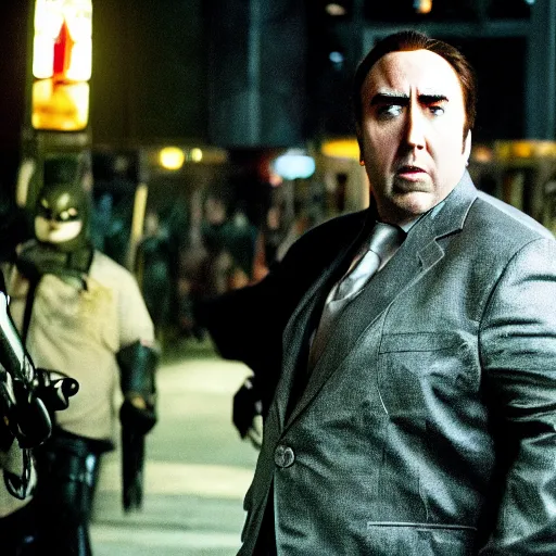 Prompt: a fat nic cage playing batman in the dark knight rises, hd digital photography, movie still