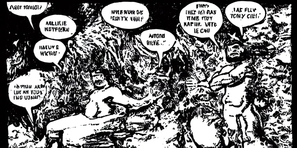 Prompt: chick tract cavemen printed black ink on printer paper