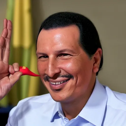 Image similar to spanish president pedro sanchez without a moustache wearing hugo chavez clothes