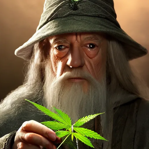 Prompt: Gandalf from the hobbit holding a marijuana plant, amazing digital art, trending on artstation, highly detailed