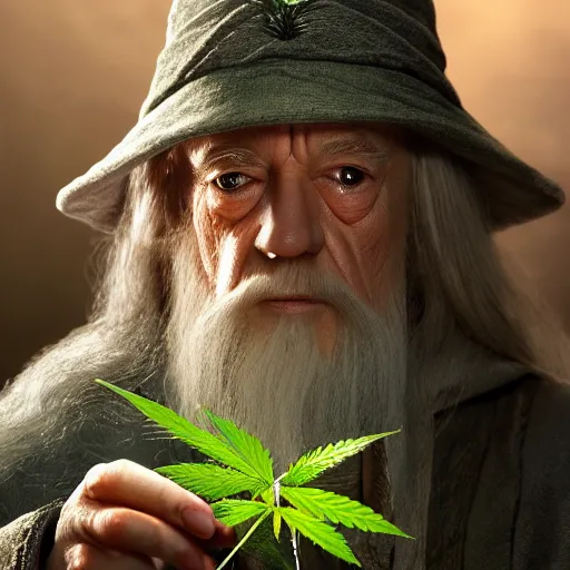 Image similar to Gandalf from the hobbit holding a marijuana plant, amazing digital art, trending on artstation, highly detailed