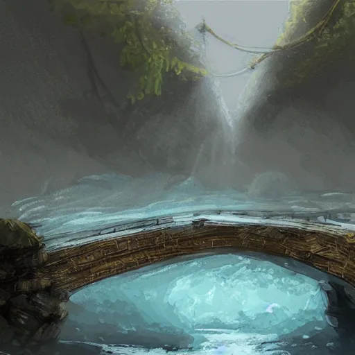 Image similar to a river flowing under a bridge, concept art by nina tryggvadottir