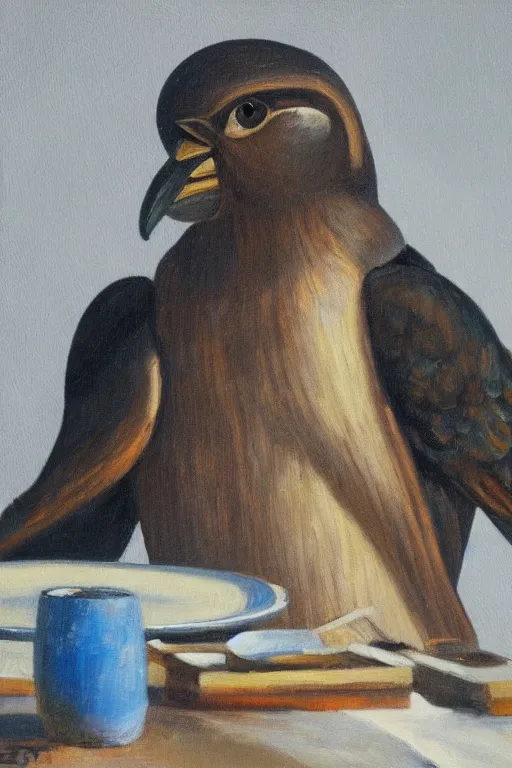 Image similar to portrait of Horus sitting at a table, oil painting by wilson mclean, sharp focus, masterpiece, highly detailed