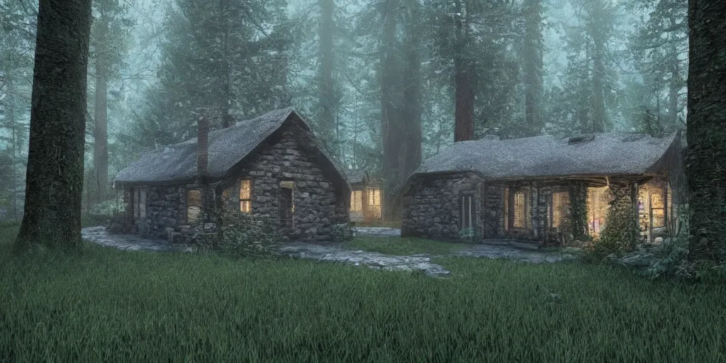 Prompt: a single cottage in the woods and empty woods, 8k, fantasy, hyper realistic, atmospheric