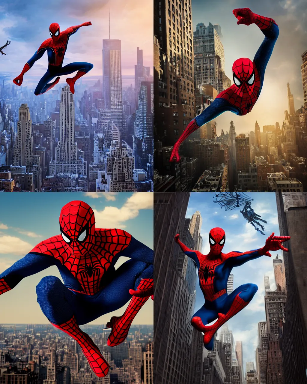 Prompt: matte painting character portrait of spider man swinging through the air above new york doing an action pose, digital illustration, concept art, digital painting, illustration, amazing value control, 8 k, realistic colors, dramatic lighting, ultra detailed, minimal artifacts, cinematic camera, symmetrical face details, realistic face details, realistic eyes, octane render, rule of thirds, golden ratio