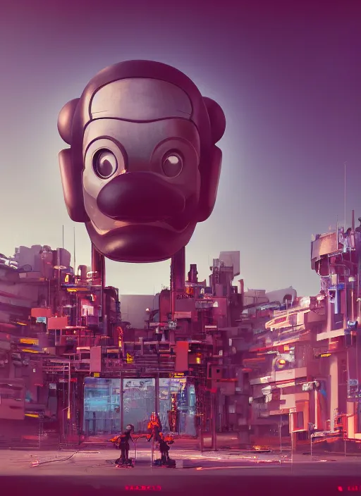 Image similar to people building giant head of a robot mickey mouse inside of abandoned netflix office, cyberpunk, by beeple, dystopia, golden ratio, octane render, redshift, trending on artstation, 8 k