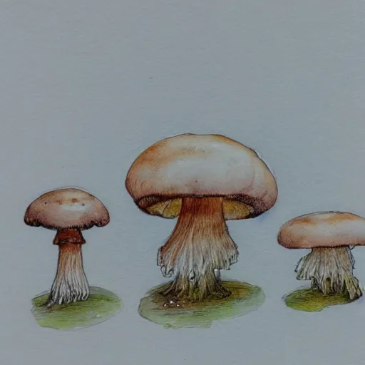 Prompt: jean - baptiste monge water color on white paper watercolor sketch of mushrooms hard edges, pencil lines, drips, runs, spatter, pen and ink
