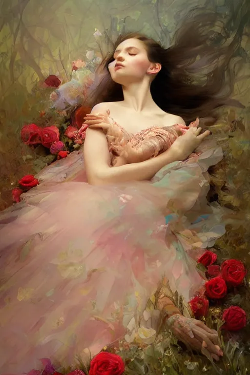 Prompt: an intricate artistic pose painting of a beautiful young ballerina with an artistic pose sleeping in a bed of roses with painterly motives and textures, hyper detailed, sleeping beauty, octane render, vivid colors, artstation, by jeremy mann, by alphonse mucha, by boris vallejo