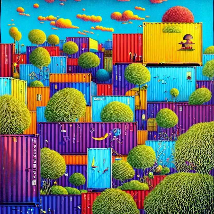 Prompt: surreal glimpse into other universe, a shipping container port, summer morning, very coherent and colorful high contrast, art by!!!! gediminas pranckevicius!!!!, geof darrow, floralpunk screen printing woodblock, dark shadows, hard lighting, stipple brush technique,