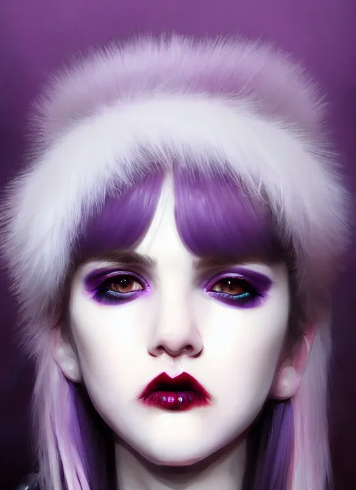 Image similar to portrait of white teenage girl, normal face, white bangs, mall goth, cyberlox, black and white hair, bangs, fluffy bangs, red contact lenses, purple lipstick, intricate, elegant, highly detailed, digital painting, artstation, concept art, sharp focus, smooth, illustration, art by wlop, mars ravelo and greg rutkowski