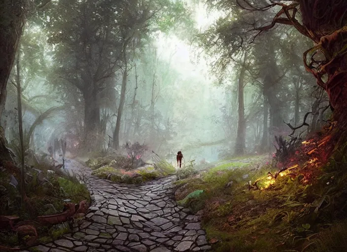 Image similar to A beautiful pathway in a forest, lush trees, flying fairies, a fantasy digital painting by Greg Rutkowski and James Gurney, trending on Artstation, highly detailed