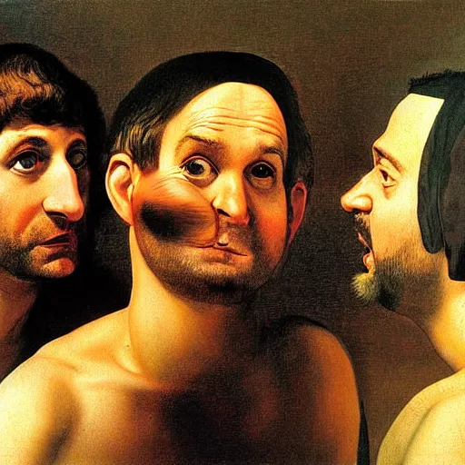 Image similar to matt stone and trey parker as the three stooges in a caravaggio painting