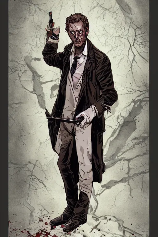 Image similar to john constantine in sleepy hollow, full body, big two toned eyes, teeth gritted, horror, intricate details, cinematic, epic, realistic, anatomy, tomer hanuka, uplight, artstation, photorealistic, scary