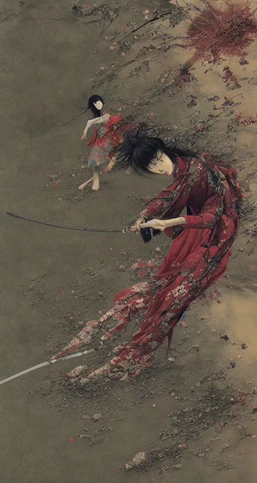 Image similar to Japanese schoolgirl runs away from Samurai with a katana on the subway, high detailed Beksinski painting, part by Adrian Ghenie and Gerhard Richter. art by Takato Yamamoto. masterpiece