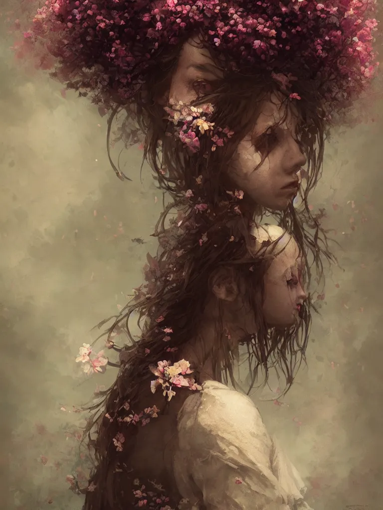 Image similar to a beautiful terrifying girl made of flowers. ethereal horror fantasy art by greg rutkowski and magali villanueve and monet, concept art, smooth, cinematic lighting, 8 k resolution