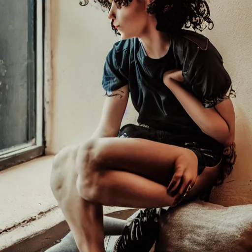 Image similar to a beautiful sleepy punk sit at a window, wearing crop top and torn short pants, pretty face, glamor shot, magnification, 8 k, lonely, accent lighting, de - noise, symmetrical face, hyper - realistic