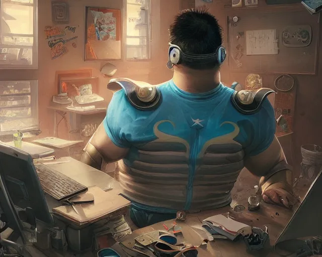 Image similar to an insanely detailed painting of a slightly chubby, nerdy asian man wearing a superhero costume and mask, sitting at a desk, staring at the nervously at the computer and typing, in the style of peter mohrbacher, dramatic lighting and composition, octane render, trending on artstation, concept art, comic book, view from behind