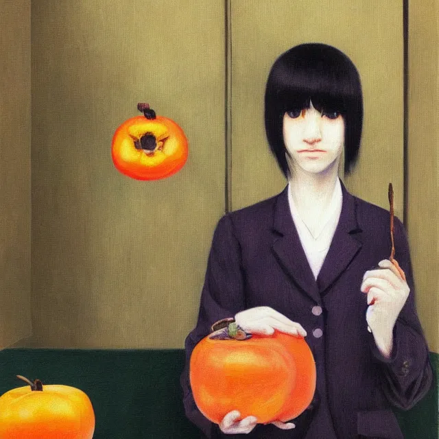 Image similar to tall emo girl artist holding small portraits and a persimmon, on shinkansen in tokyo, shinagawa station, pigs, octopus, acrylic on canvas, surrealist, by magritte and monet