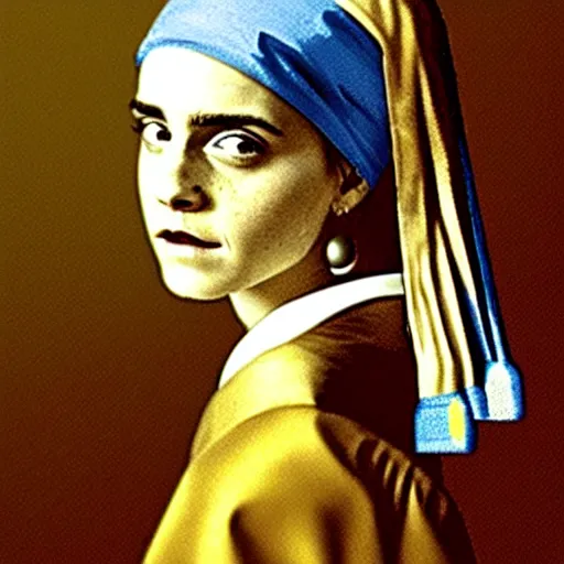 Prompt: Emma Watson with a pearl earring by Johannes Vermeer