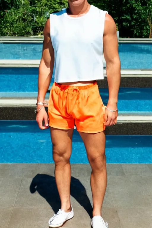 Image similar to a handsome man with blonde hair who is also a male android, ken, muscular, wearing a cut-off white crop top and short light orange shorts stands by a swimming pool, shiny skin, robotic pose