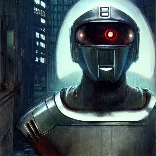 Image similar to dreary realism portrait of masked cyber punk helmet on the art deco streets of the big city, artstation, award - winning realistic sci - fi concept art by jim burns and greg rutkowski, beksinski, a realism masterpiece, muted color palette, james gilleard, bruegel, alphonse mucha, and yoshitaka amano