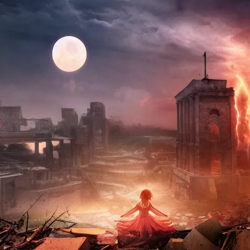 Image similar to A beautiful picture of a suicidal girl against the background of ruins of a destroyed city and a yellow -red moon, as move The Divide, extremely detailed, stunning volumetric lighting, atmosphere, hyper realism, fantasy 4k