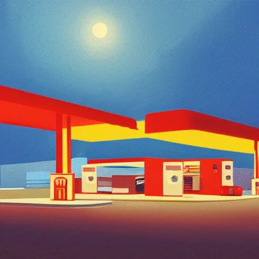 Image similar to a matte painting of a gas station at night by emiliano ponzi, james gilleard, george ault, david hockney, atey ghailan, albert namatjira, marius borgeaud, minimalist, bauhaus, retrofuturism, postminimalism, concept art, matte background, matte drawing, magical realism, space art, generative art