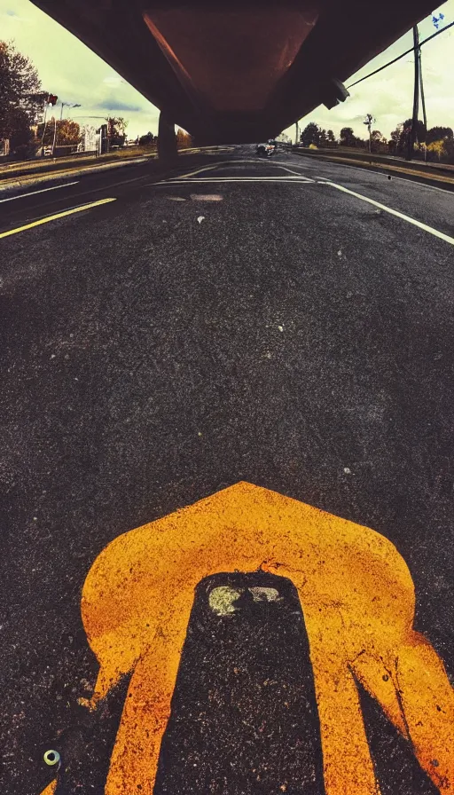 Image similar to phone photo of a giant mouth open on an asphalt road, realistic photo, gopro, looming, colorful, eerie